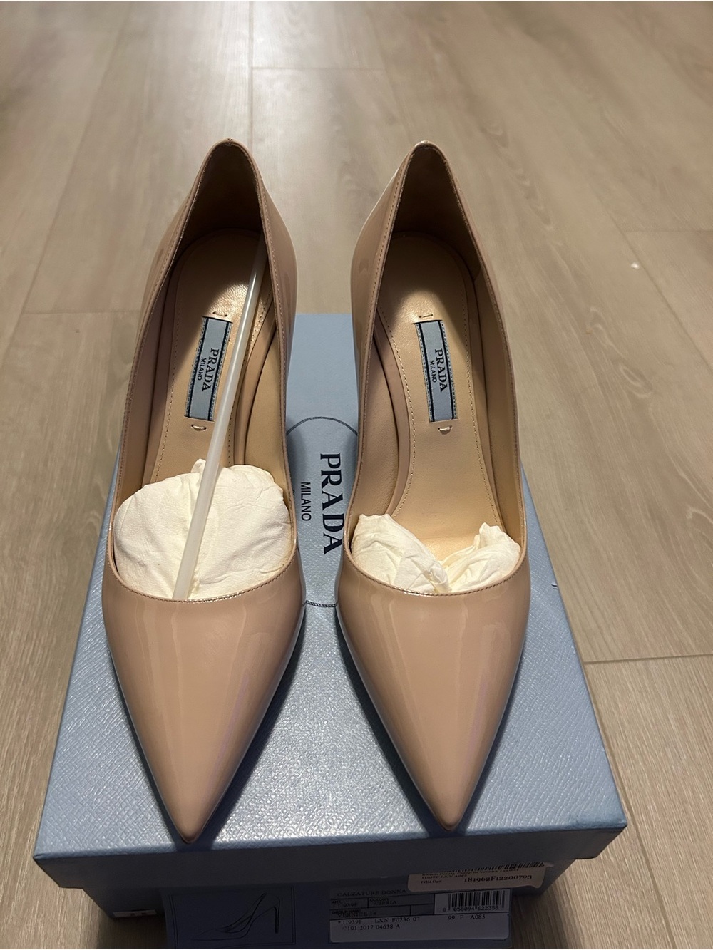 Prada Nude Patent Leather Pointed Toe Pumps